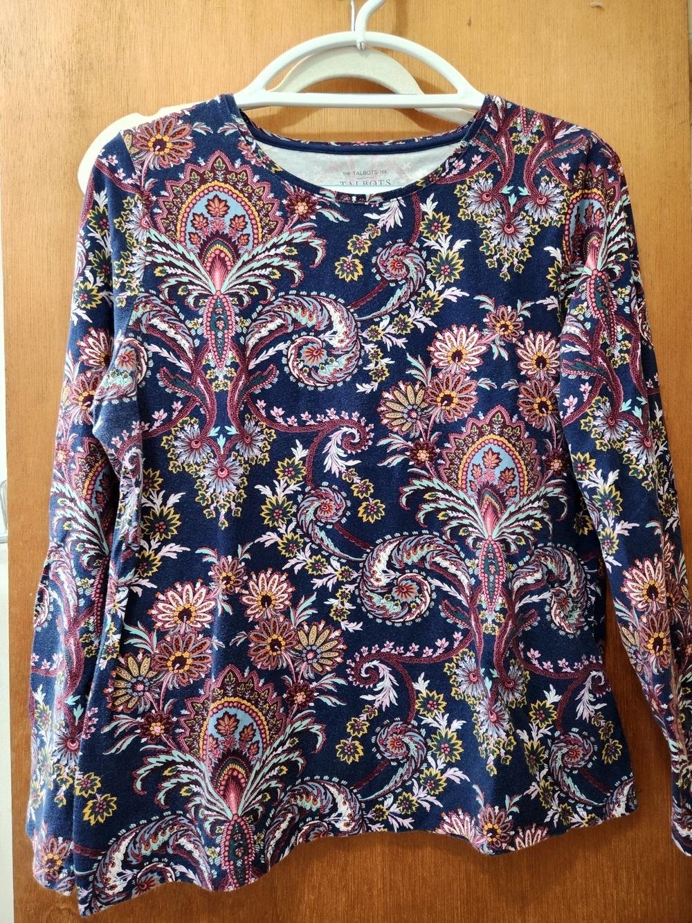 Talbots Navy Paisley Floral Long Sleeve Top with Multicolor Accents